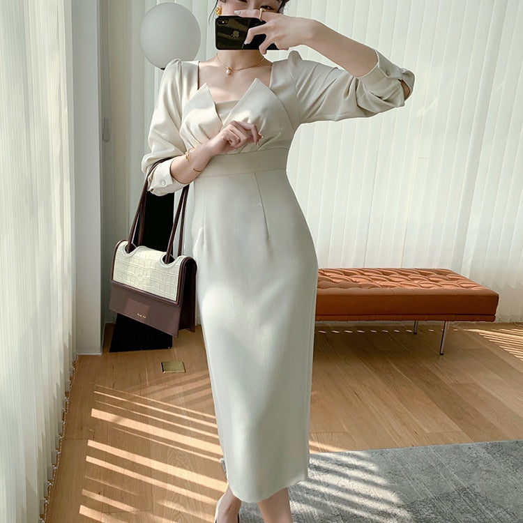 Satin Square Neck Long Sleeve Wrap Midi Dress