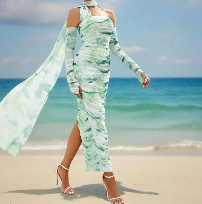 Tie Dye One Shoulder Long Sleeve Ruched High Split Maxi Dress