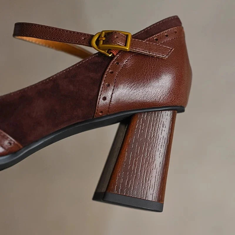 Square Toe Ankle Strap Block Heel Mary Jane Pumps