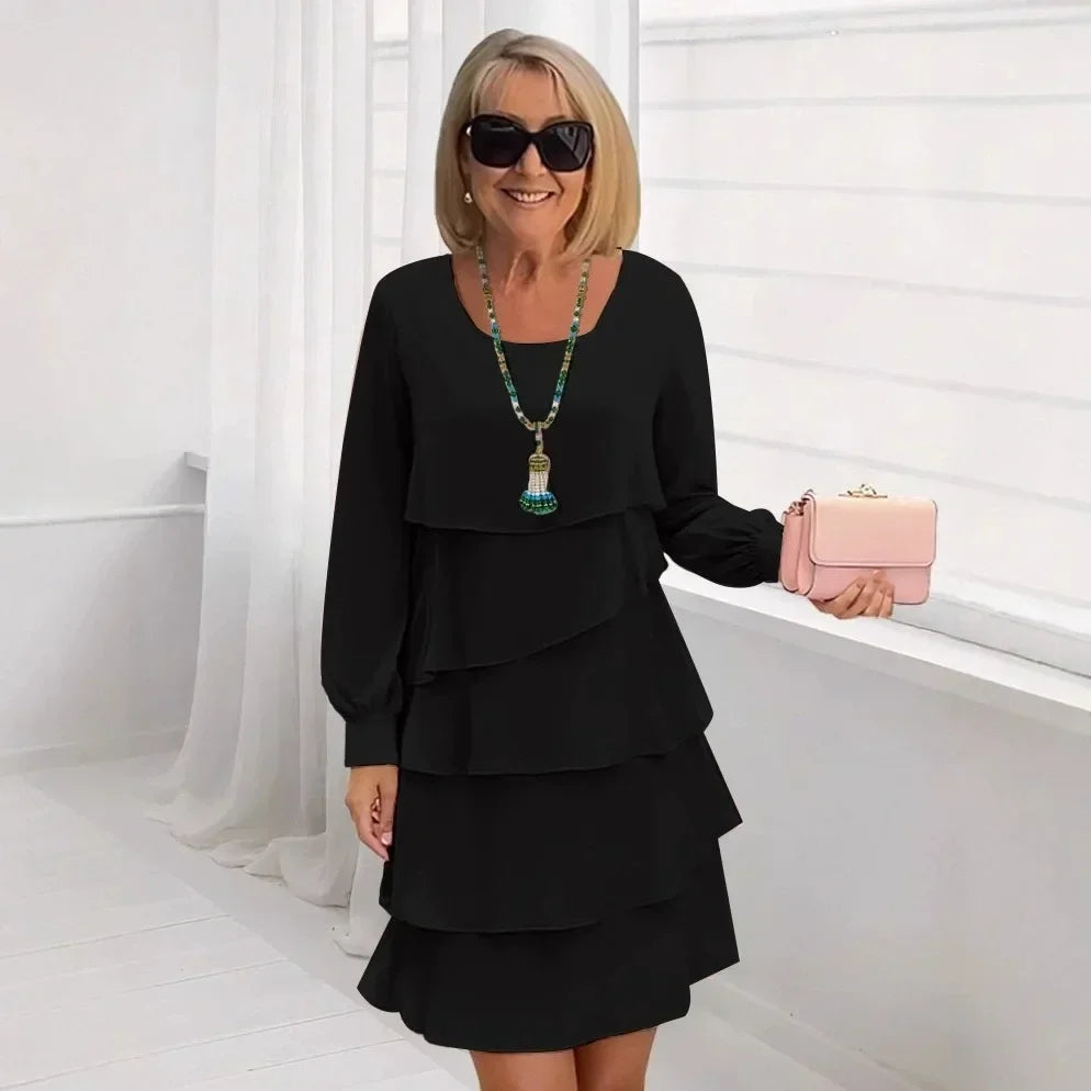 Round Neck Long Sleeve Tiered Ruffle Midi Dress