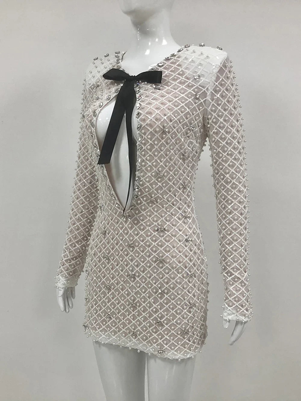 Pearl Beaded Long Sleeve Keyhole Bow Bodycon Mini Dress