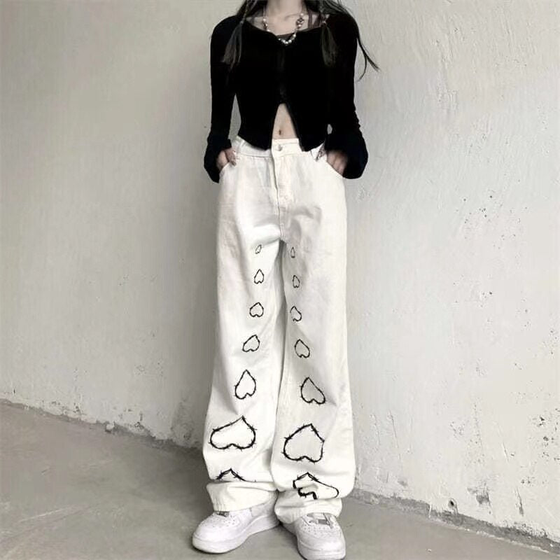 Mojoyce High Street Hot Girl Vintage Heart Print High Waist Straight Goth Baggy Jeans Woman Y2K Clothes Wide Leg Denim Pants