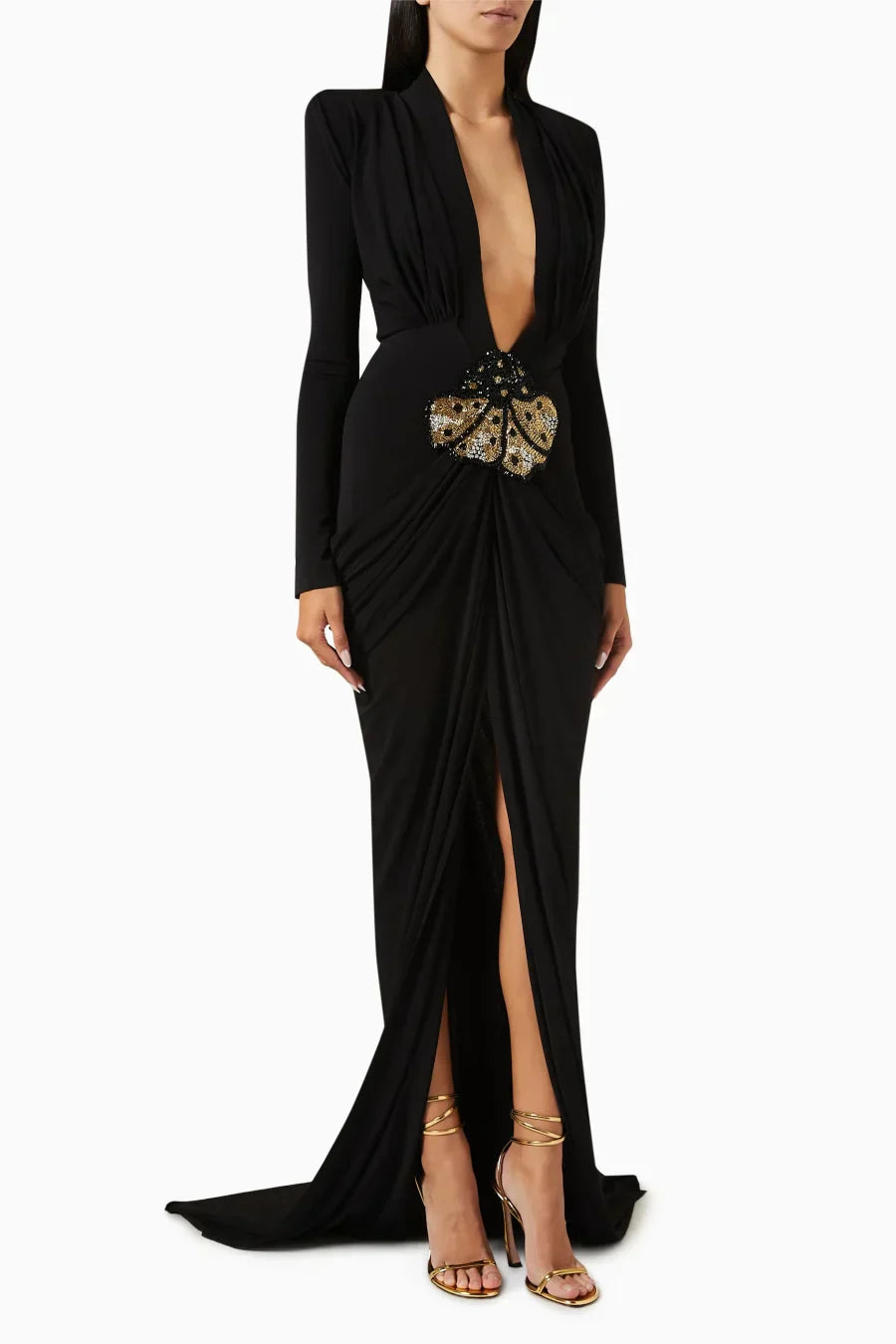 Deep V Neck Long Sleeves Black Maxi Dress Party Gown