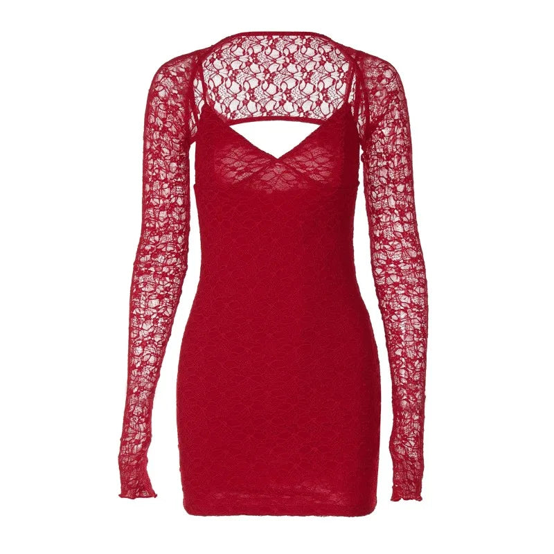 Lace Deep V-Neck Cold Shoulder Long Sleeve Bodycon Mini Dress 23