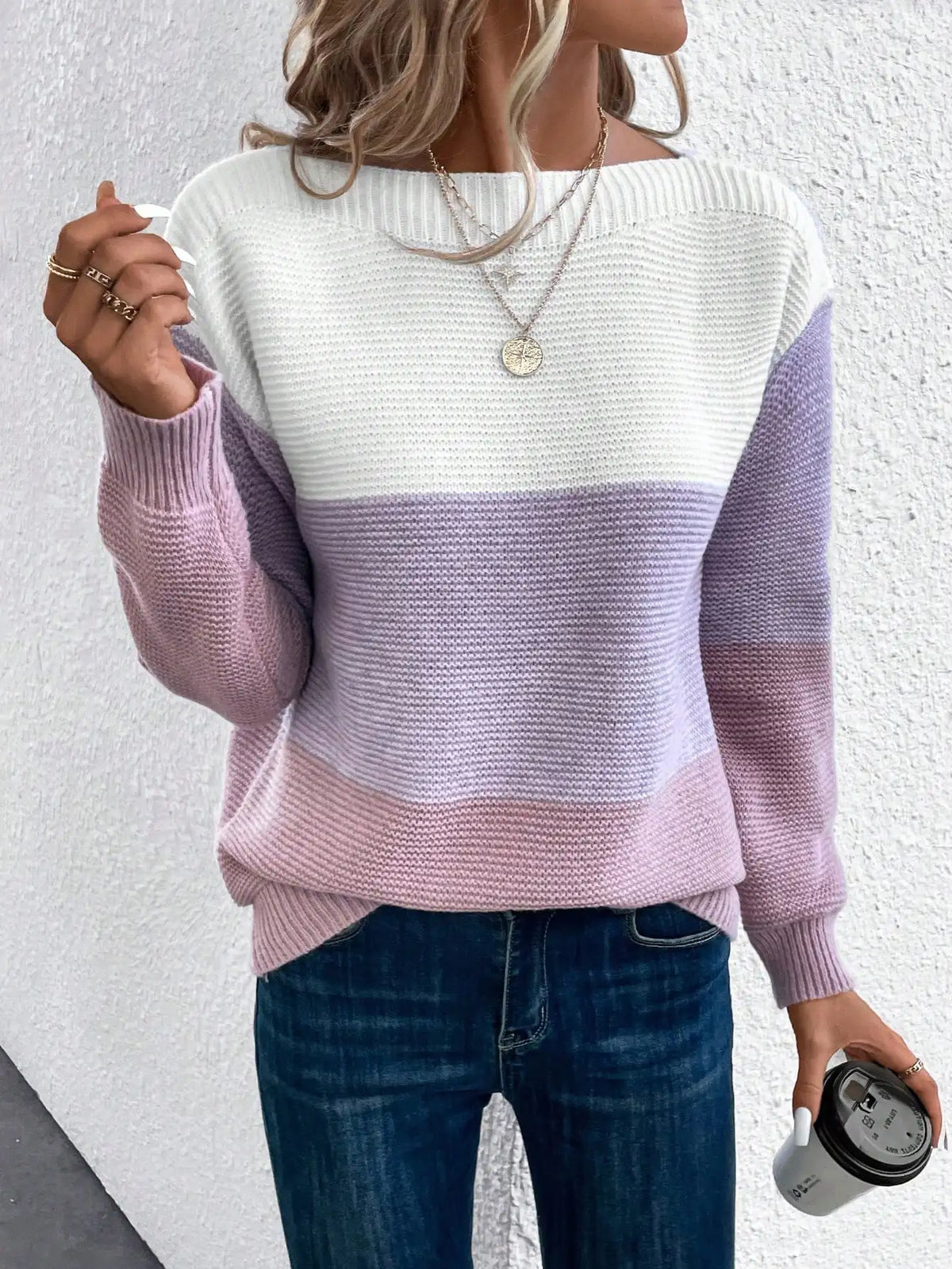 Color Block Boat Neck Long Sleeve Knit Sweater