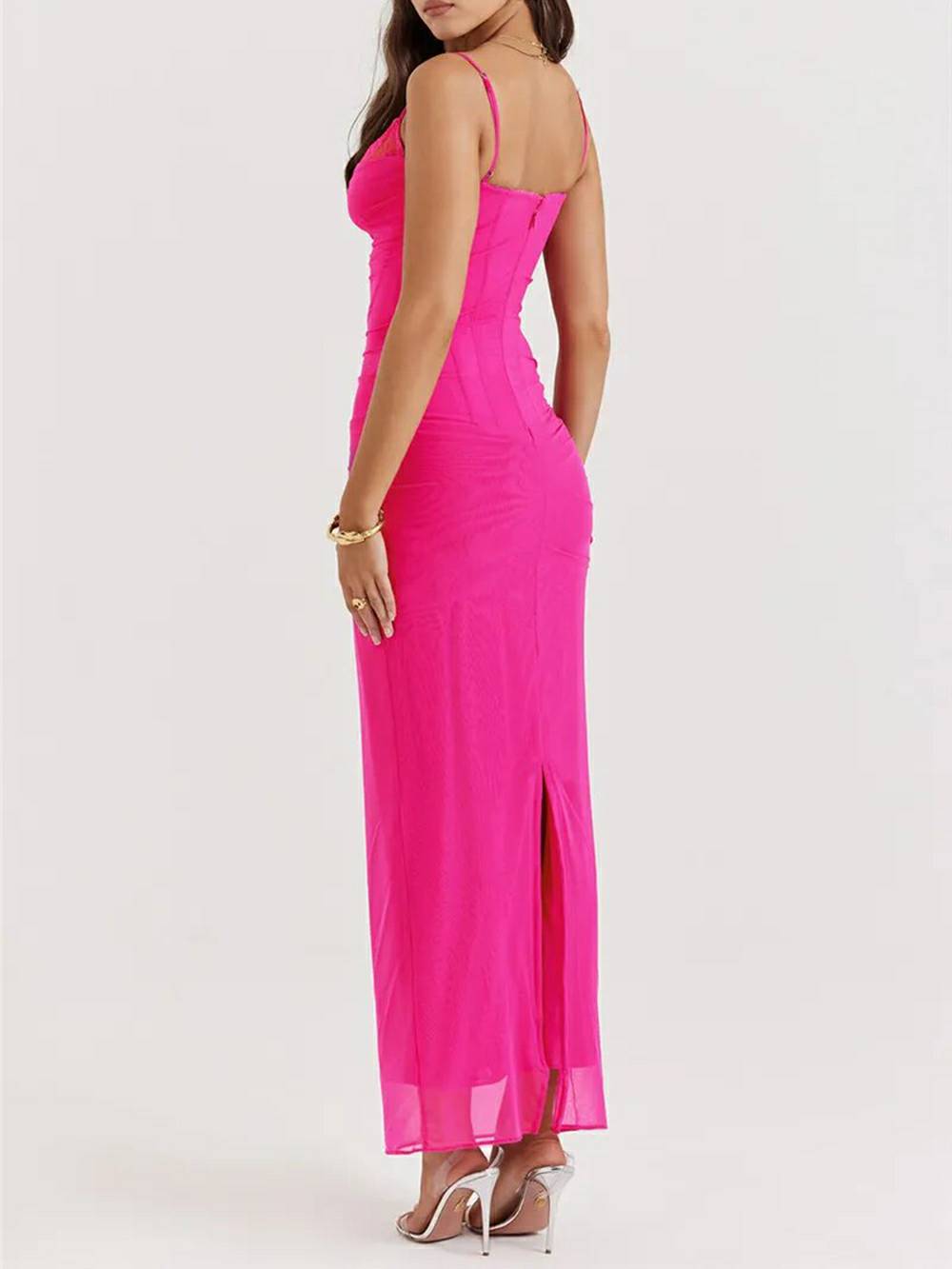 Mesh Spaghetti Strap Lace Trim Corset Ruched Bodycon Maxi Dress 4