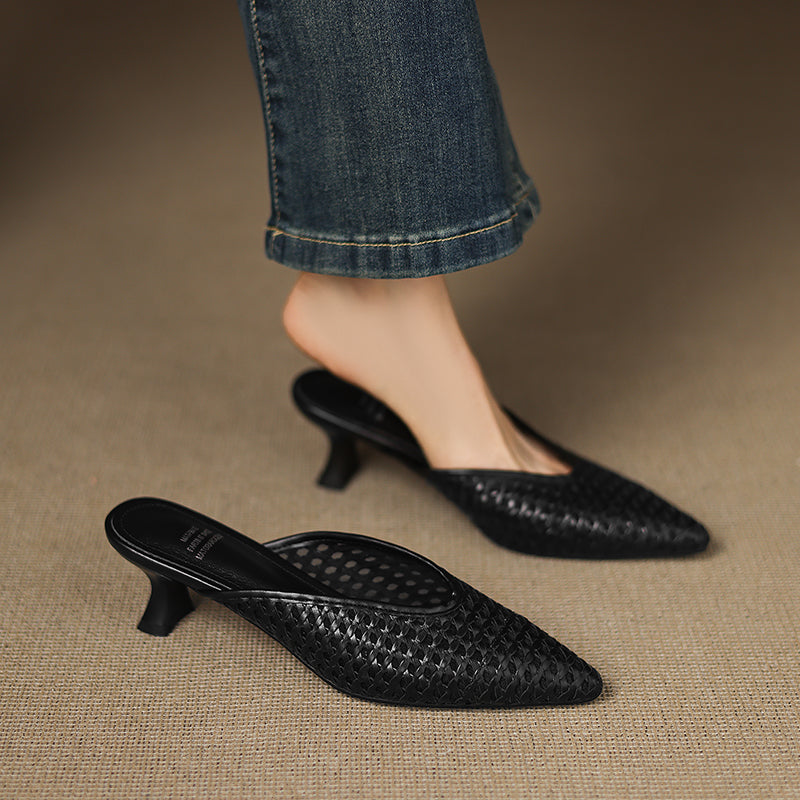 Pointed Toe Woven Kitten Heel Mules