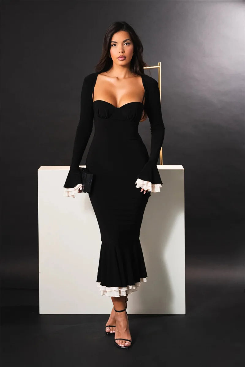 Sweetheart Spaghetti Strap Ruffle Trim Mermaid Midi Dress Two-Piece Set