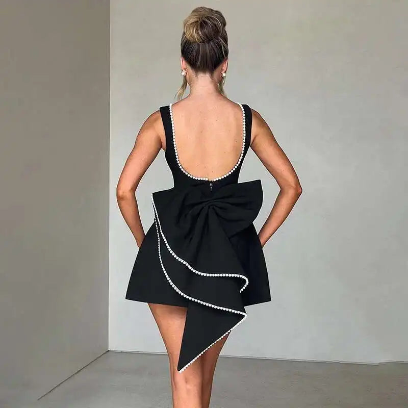 Pearl Bow Waist Wrap Backless Mini Dress 5
