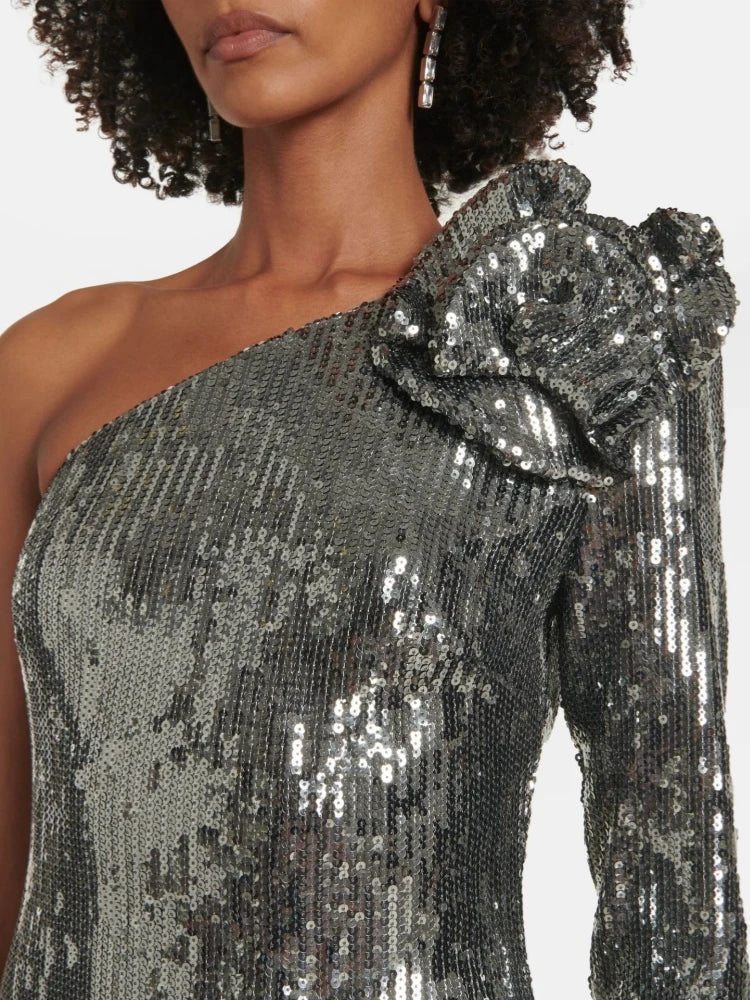 Sequin One Shoulder Long Sleeve Rosette Bodycon Maxi Dress