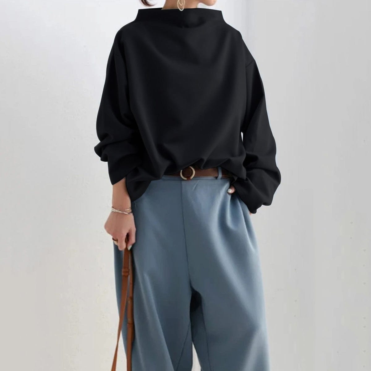 Mock Neck Long Sleeve Drop Shoulder Top