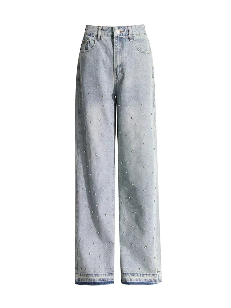 Rhinestone Studded High Waist Straight Leg Frayed Hem Jeans 7