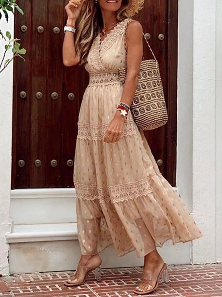 Crochet Lace Trim V-Neck Sleeveless Tiered Maxi Summer Dress