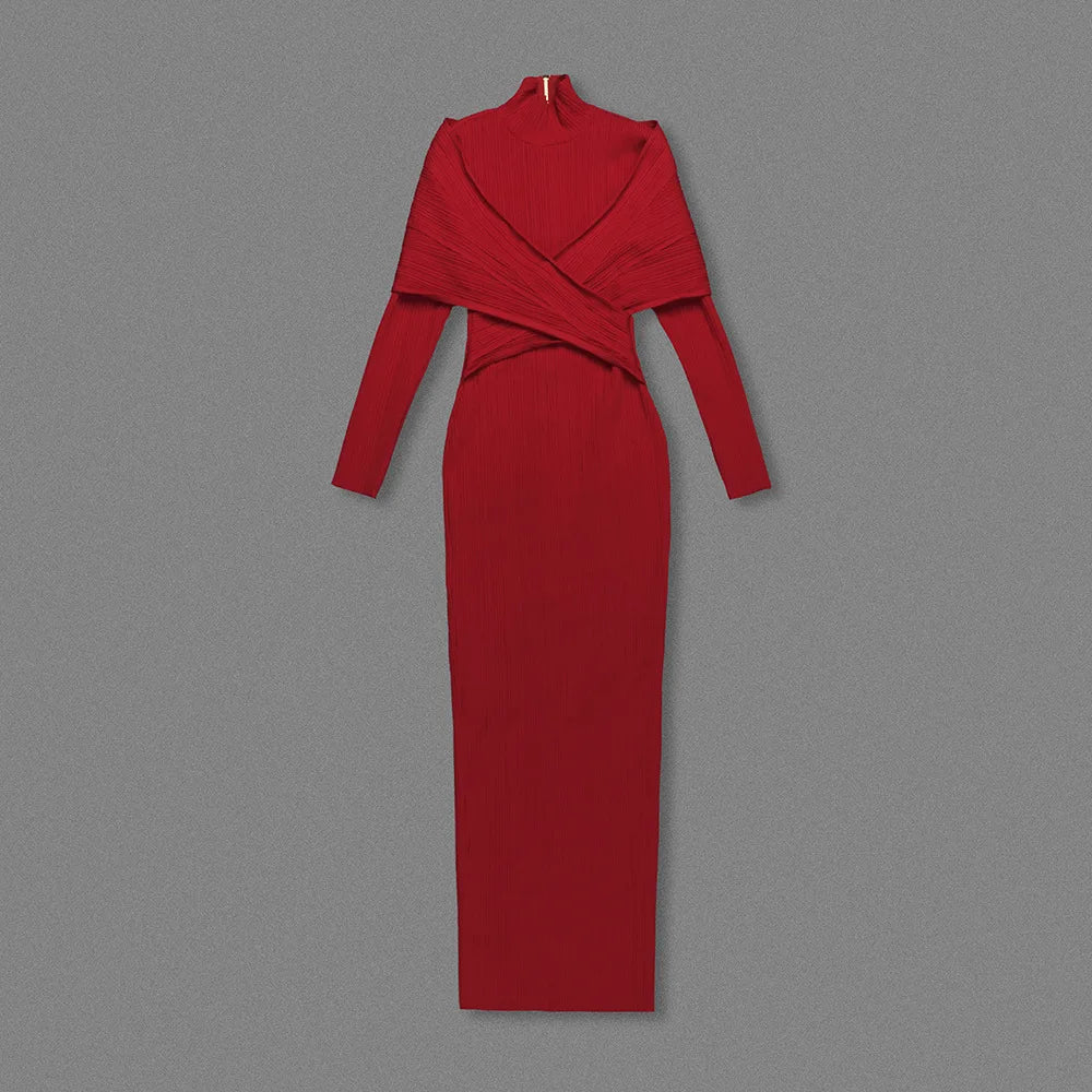 Ribbed Knit High Neck Long Sleeve Cross Wrap Bodycon Maxi Dress