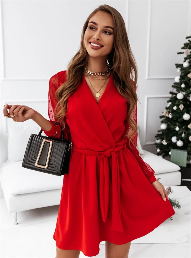Mesh Long Sleeve Dot Texture Crew Neck Fit and Flare Mini Dress