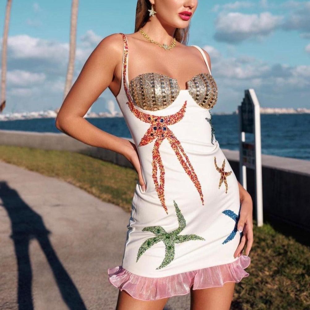 Sequin Starfish Bustier Ruffle Hem Bodycon Mini Dress
