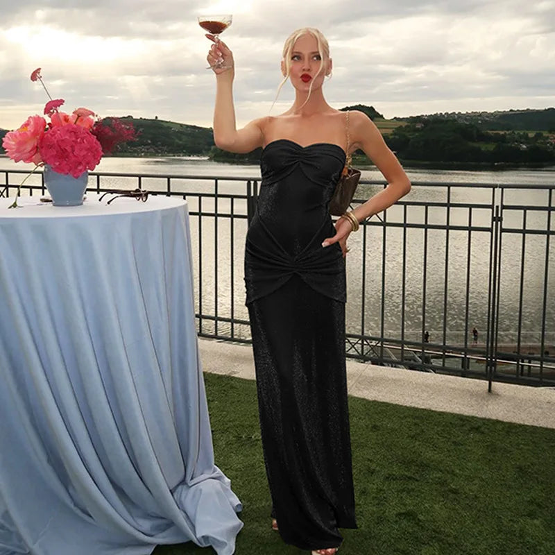 Metallic Strapless Ruched Twist Front Column Maxi Dress