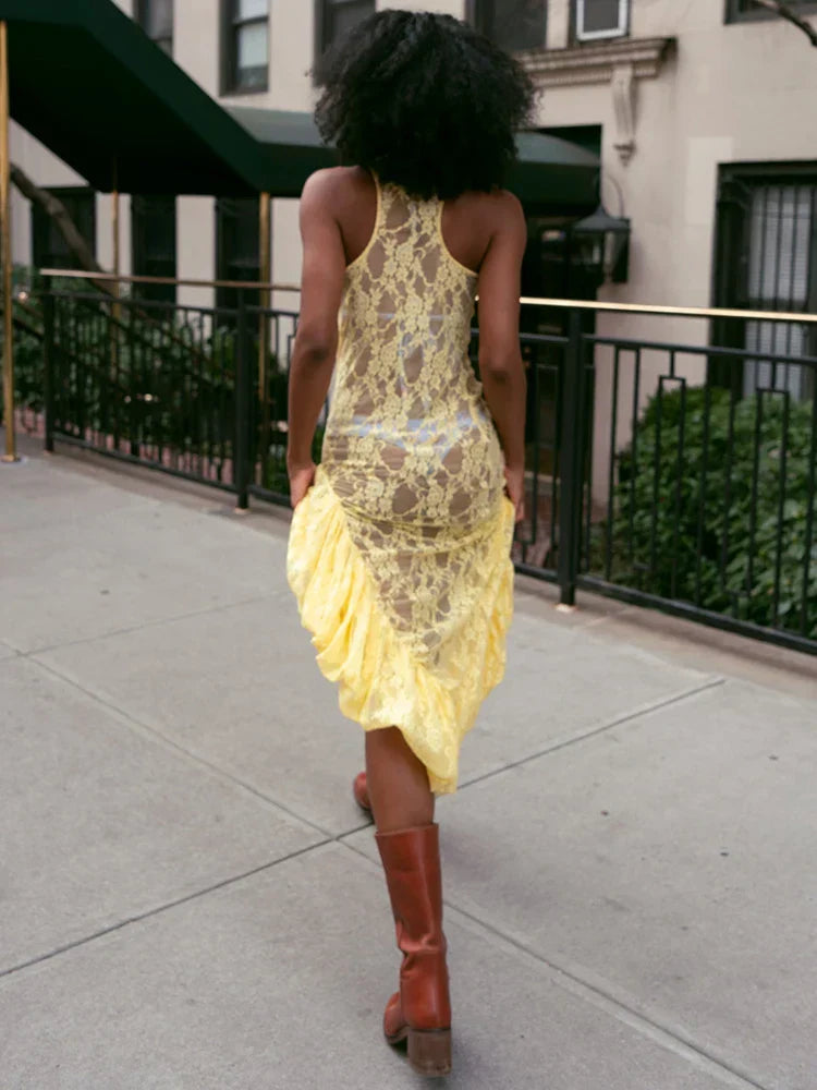 Lace See Through Ruffle Midi Dress - View 3