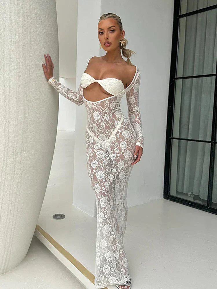 Perspective Lace Hollow Out Bodycon Maxi Dress