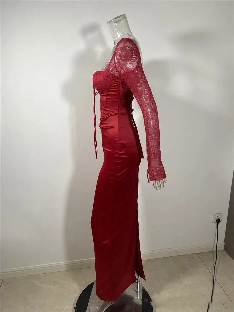 Square Collar Lace - Up Backless Long Sleeve Maxi Dress