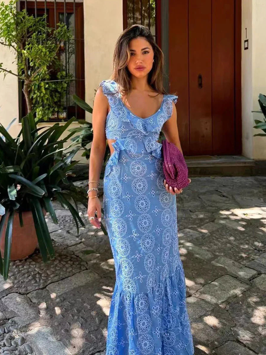 Blue Hollow Out Embroidered Midi Dress Women Summer V Neck Sleeveless Ruffle Long Dresses Elegant Fashion Holiday Vestidos