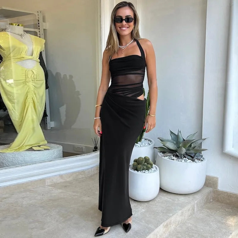 Mesh Halter Neck Backless Ruched Bodycon Maxi Dress