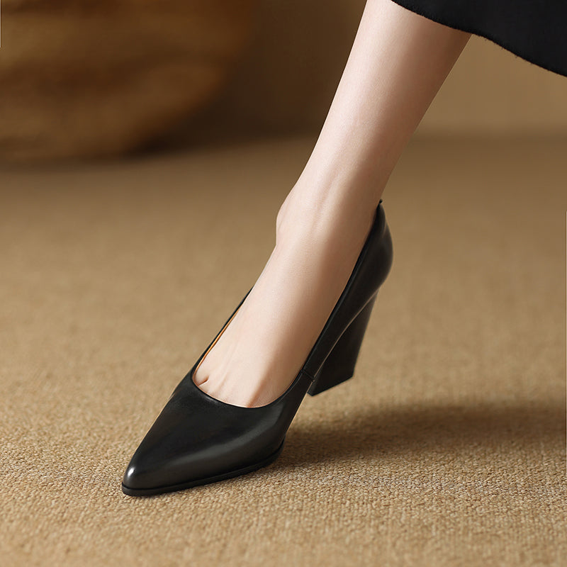 Pointed Toe Block Heel Slip On Leather Look Pumps