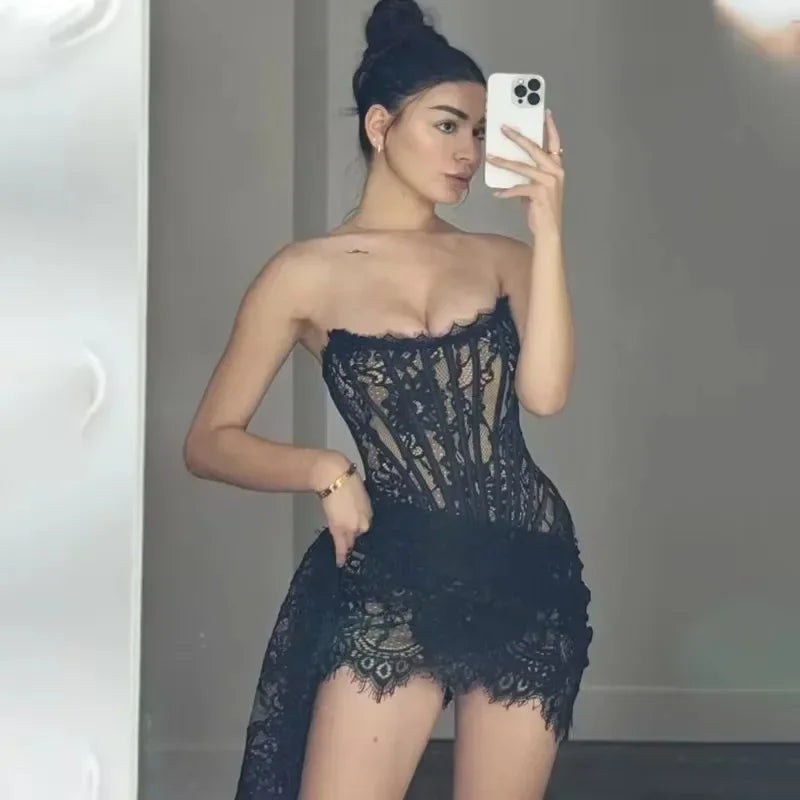Sheer Lace Strapless Corset Bodice Draped Asymmetric Hem Mini Dress 2
