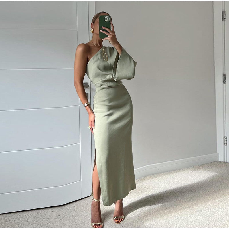 One Shoulder Single Long Sleeve Draped High Split Maxi Dress