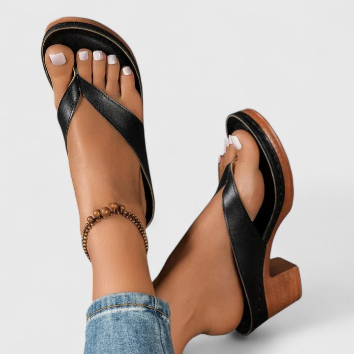Toe Post Wood Look Wedge Heel Slide Sandals