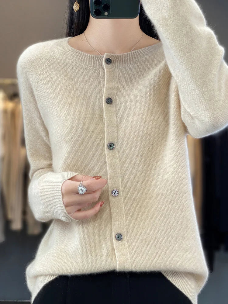 Crew Neck Button Front Long Sleeve Knit Cardigan