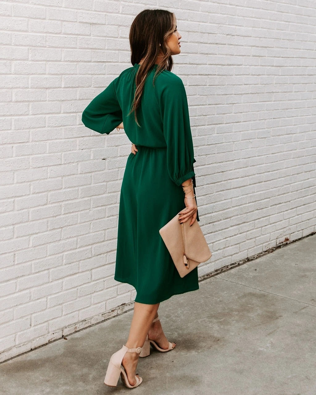 Mock Neck Long Sleeve Belted A-Line Midi Dress