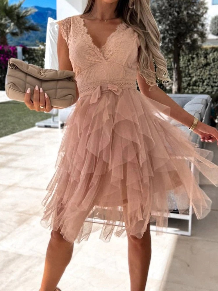 Lace Deep V-Neck Cap Sleeve Bow Waist Tiered Tulle Mini Dress