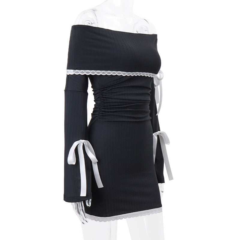 Ribbed Knit Off Shoulder Bell Sleeve Bow Lace Trim Bodycon Mini Dress 10