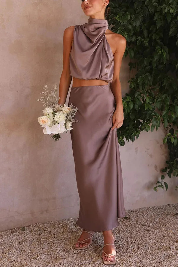Satin Halter Neck Ruched Crop Top Maxi Skirt Two Piece Set