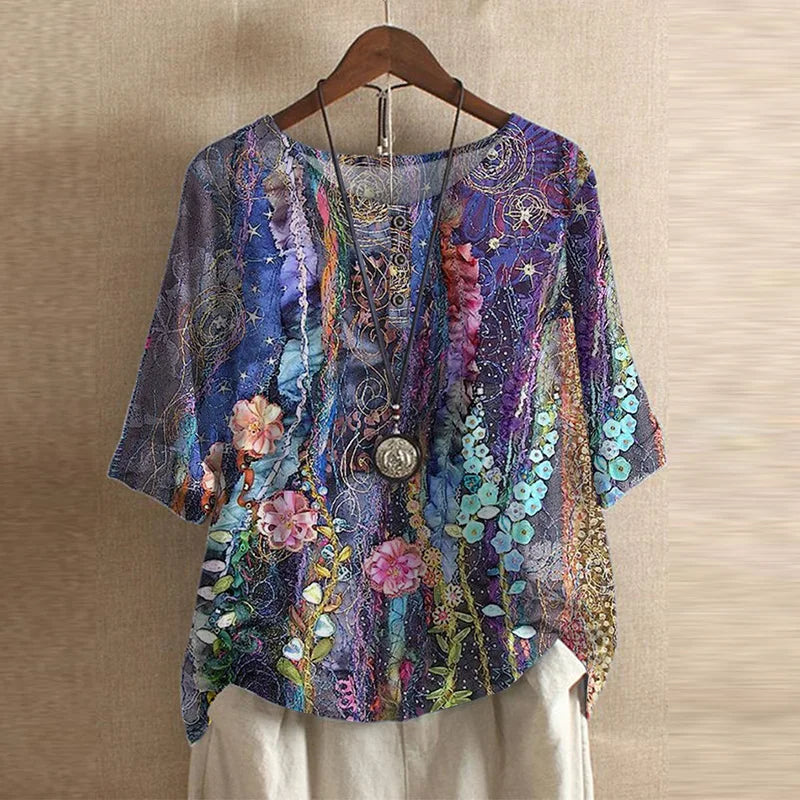 Round Neck Half Sleeve Floral Button Blouse