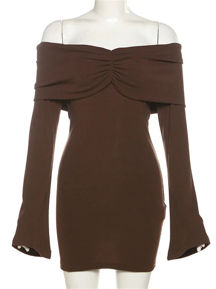 Off Shoulder Long Sleeve Ruched Knit Bodycon Mini Dress