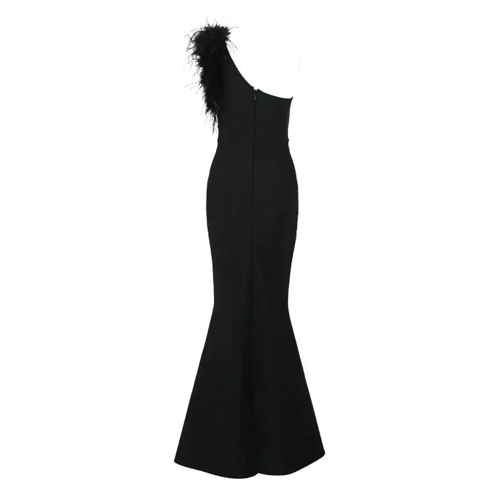 One Shoulder Feather Trim Bodycon Mermaid Maxi Gown 8