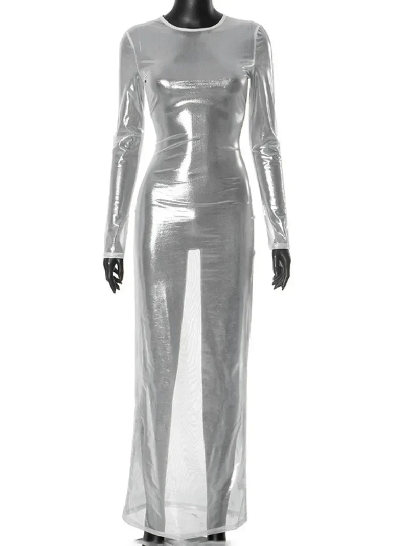 Mesh Long Sleeve Crew Neck Bodycon Maxi Dress