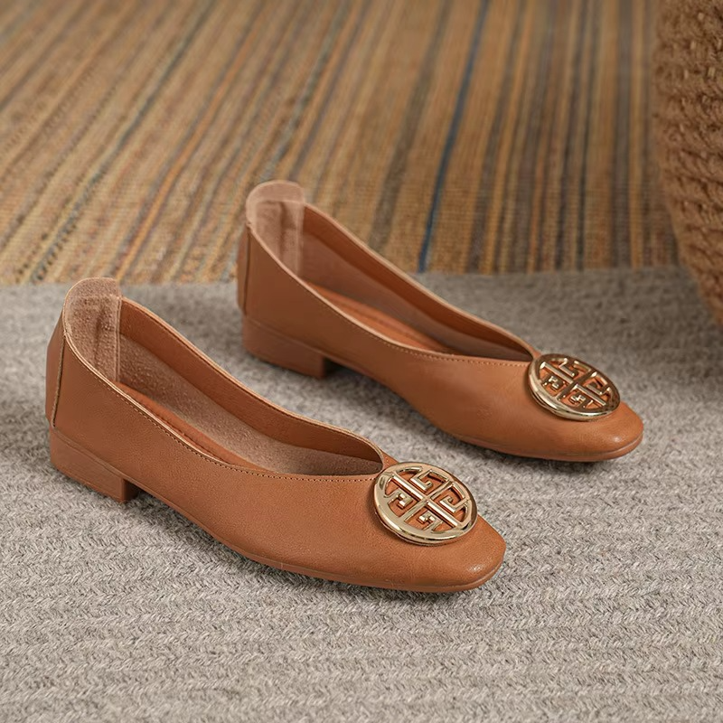 Square Toe Metal Medallion Leather Ballet Flats