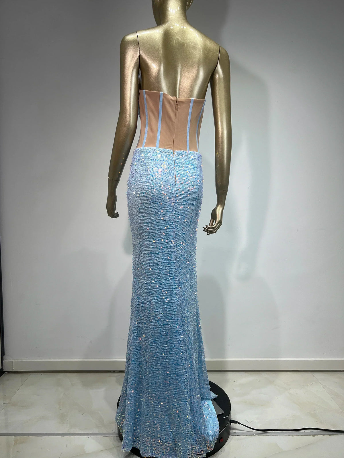 Strapless Mesh Sequins Ruffles Maxi Dress - View 4