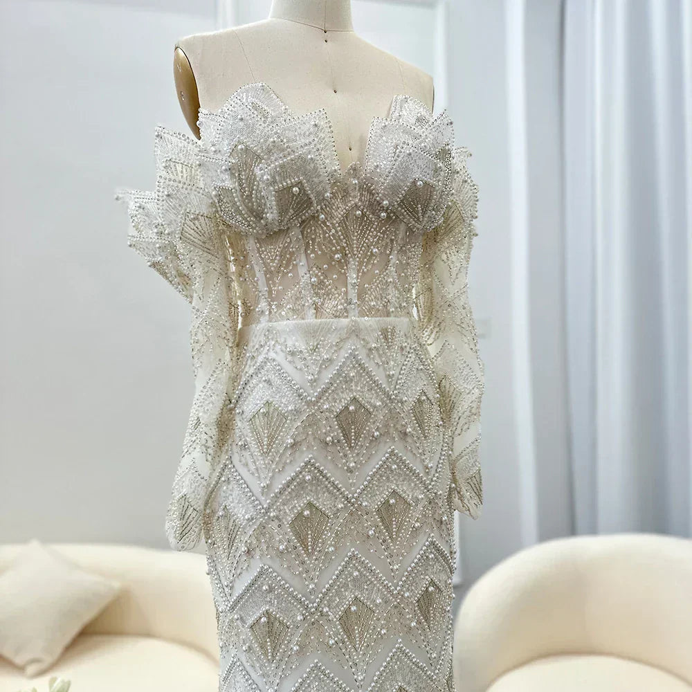 Beaded Off Shoulder Long Sleeve Mermaid Maxi Gown