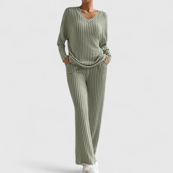 V-Neck Long Sleeve Ribbed Knit Top and Wide Leg Pants Two Piece Set