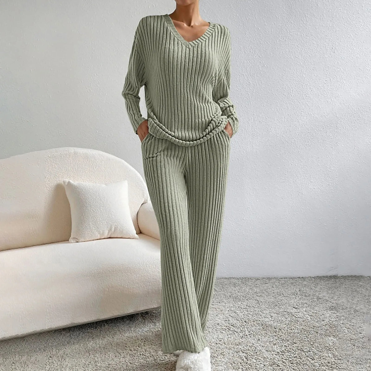 Ribbed Knit V-Neck Long Sleeve Top and Wide Leg Pants Two Piece Set
