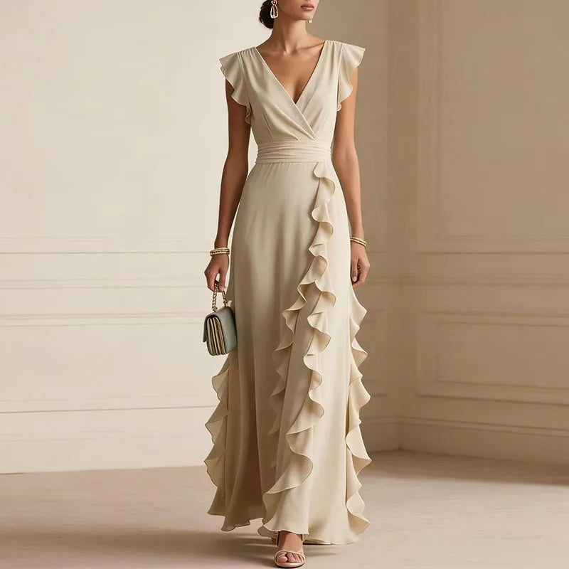 Chiffon Deep V-Neck Ruffle Cascade A-Line Maxi Gown 2