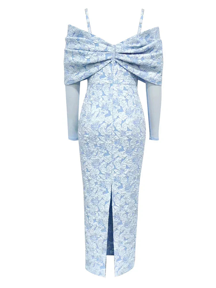 Off Shoulder Long Sleeve Jacquard High Split Midi Dress