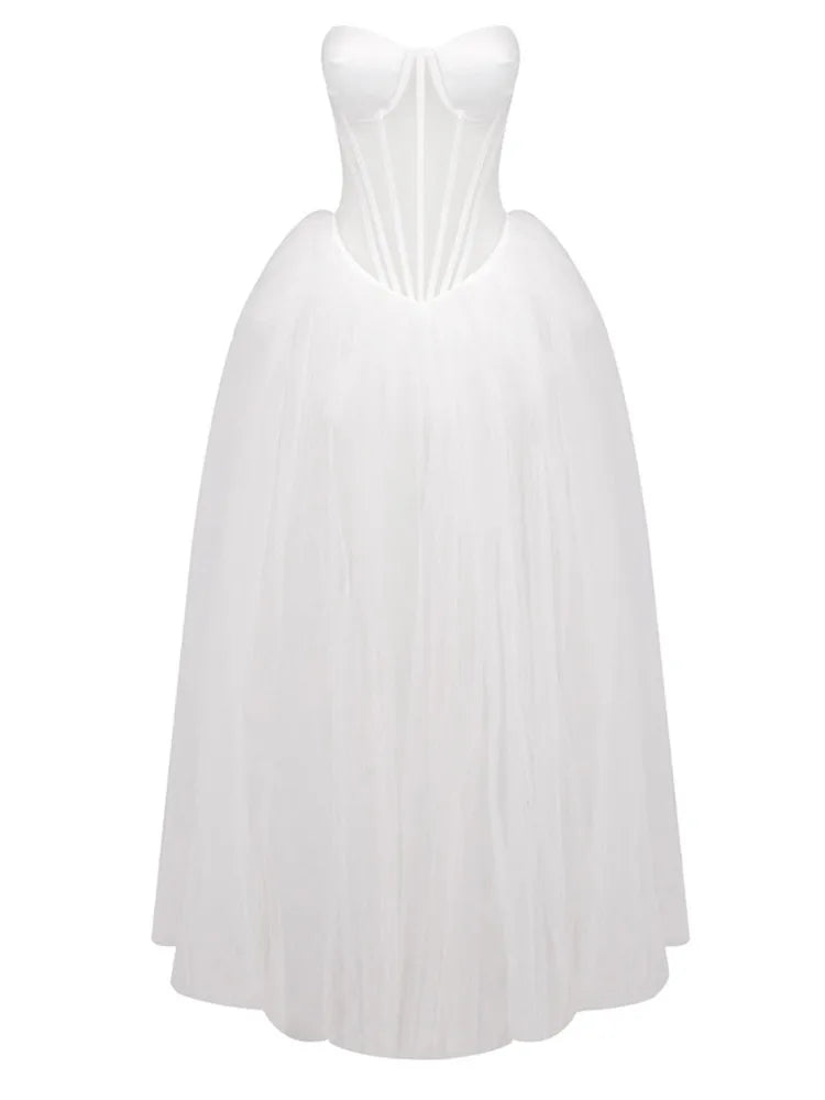 Strapless Mesh White A Line Maxi Long Dress - View 6