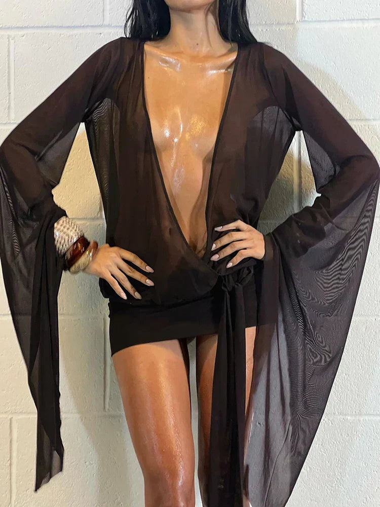Mesh Irregular Bandage Low Neck Mini Dress - View 4