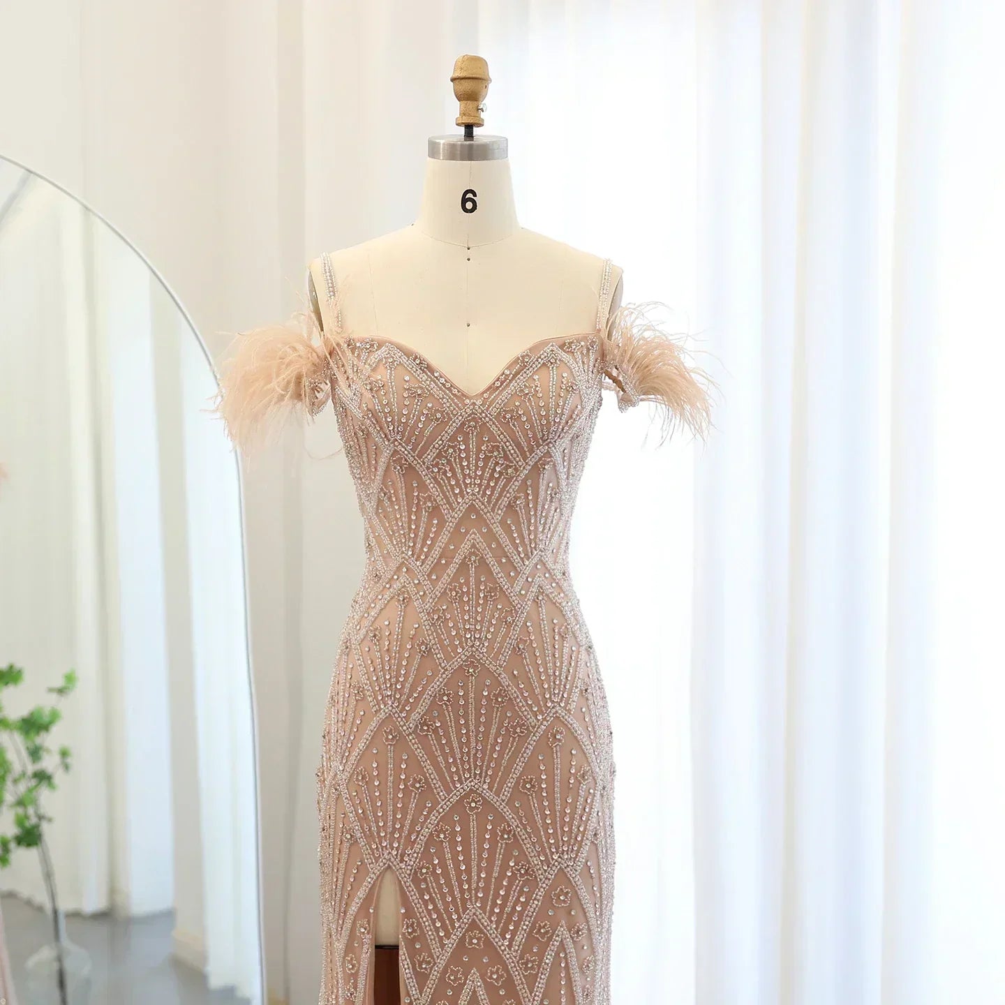 Sequin Off Shoulder Feather Trim Mermaid Maxi Gown
