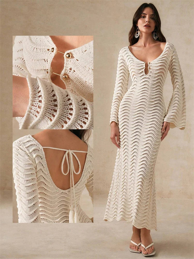 Open Knit Bell Sleeve Keyhole Metal Bar Back Tie Maxi Dress